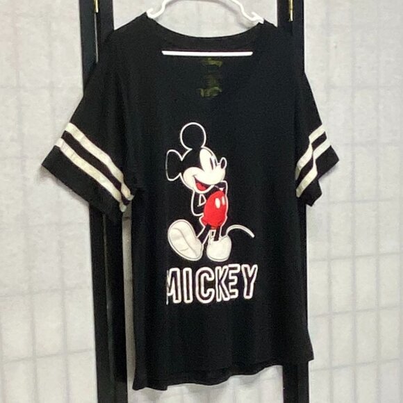 Short Stripe Sleeve V Neck Two Side Mickey Mouse Screen Print Tee Shirt Black 2X - Picture 3 of 13
